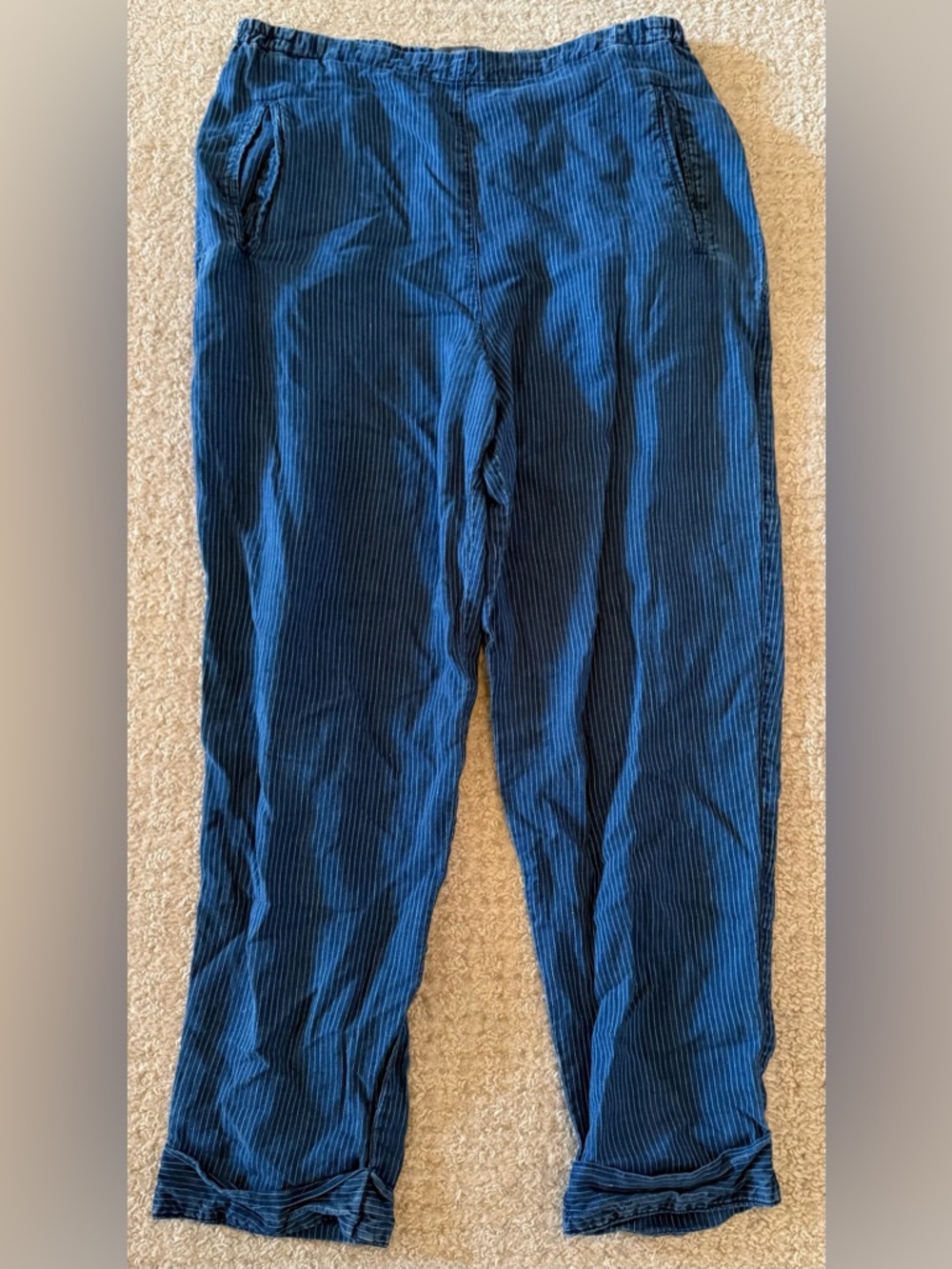 Clemente Pinstripe Pants Blue Elastic Waist cropped Linen Trousers m medium